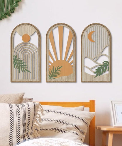 Putuo Decor Boho Plant Wall Art, Wood Modern Minimalist Wall Decor, Abstract Sun Inspired Room Decorations 16x8 In Mid Century Artwork for Living Room Bedroom Office in Sunrise Earthtone Set of 3