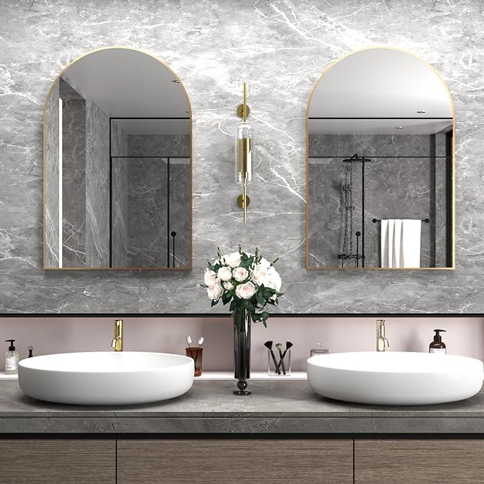 Wall Mounted Mirror, Arched Wall Mirror for Bathroom, 24"x36" Arch Bathroom Mirror with Metal Frame, Gold Vanity Mirror Decor for Mantle, Bedroom, Entryway, Living Room