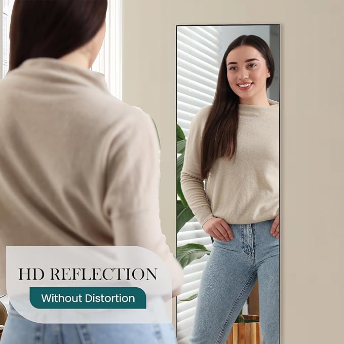 NEWBULIG Mirror Full Length, 16"x59" Body Wall Mirrors with Shatter-Proof Glass, Upgraded Floor Standing Mirror, Hanging or Leaning, with Stand Aluminum Alloy Frame for Home Decor, Bedroom, Black