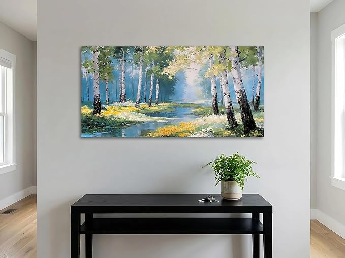 Ardemy Birch Forest Stream Canvas Wall Art, 40"x20" Hand-Painted Texture Landscape Painting with Wildflowers, Calming Nature Scenery for Living Room Bedroom Bathroom Home Office Decor