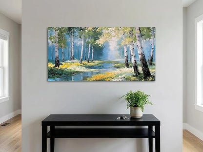 Ardemy Birch Forest Stream Canvas Wall Art, 40"x20" Hand-Painted Texture Landscape Painting with Wildflowers, Calming Nature Scenery for Living Room Bedroom Bathroom Home Office Decor