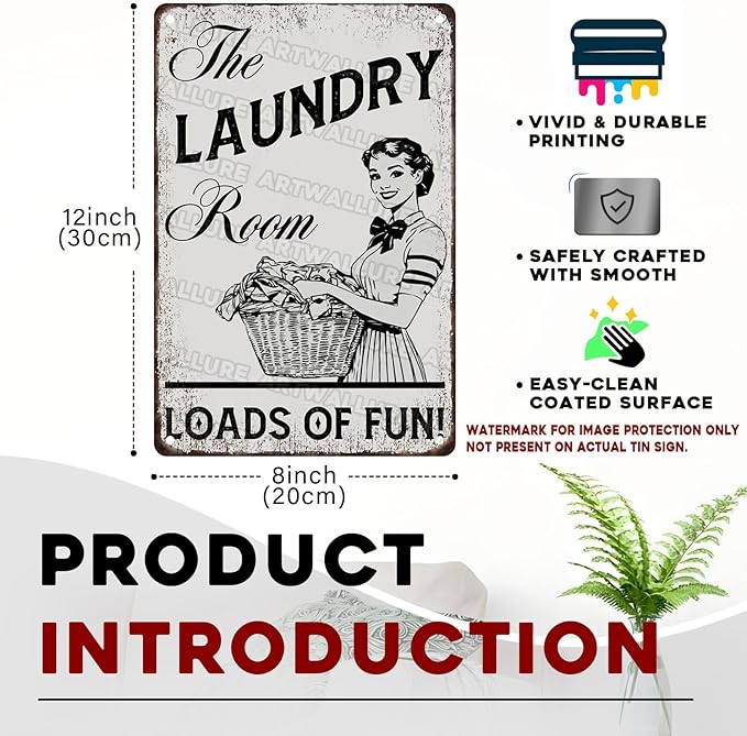 Funny Laundry Room Sign “Laundry Loads of Fun” - Vintage Farmhouse Wall Decor for Bathroom Home Utility Room 8x12 Inch