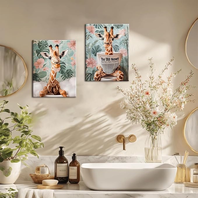 Funny Animal Bathroom Wall Art Set of 3, Cute Giraffe in Toilet Reading Newspaper Wall Decor Paintings Eclectic Giraffe Bathroom Canvas Prints Artwork 16x24 inch Framed