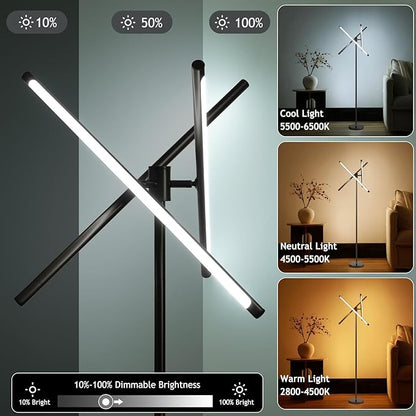 LED Dimmable Floor Lamp with Remote & Foot Switch, 2700–6000K Adjustable Color Temperature & Stepless Dimming, 3-Bar Linear Tall Standing Lamp, Slim Black Corner Floor Lamp for Living Room Bedroom