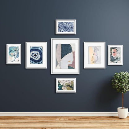 Frametory, Silver Aluminum Picture Frame with Removable Mat - Set of 7 Includes Four 5x7, Two 8x10, One 11x14 - Real Glass Front - Simple Gallery Wall Frames for Art Prints and Posters