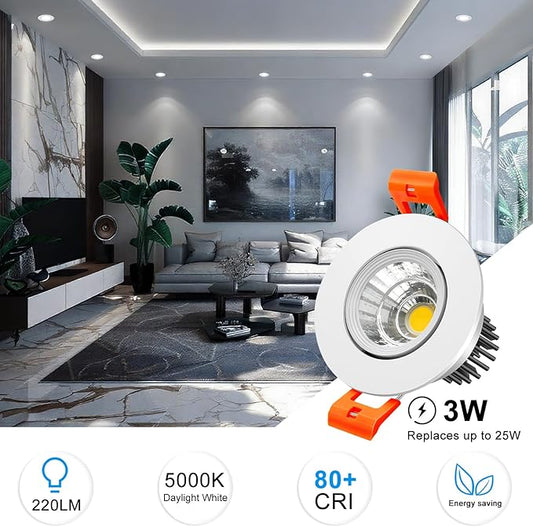 inShareplus 2 Inch LED Downlight, 3W Recessed Lighting COB Dimmable, 5000K Daylight White, CRI80, Ceiling Lights with LED Driver, 20 Pack