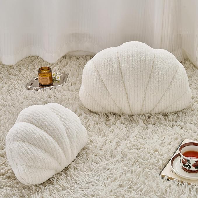 Shell Pillow, Soft Decorative Pillows for Bed Couch, Seashell Plush Throw Pillow Aesthetic Home Decor Cushion for Bedroom Living Room (White, 14 X 11 Inches)