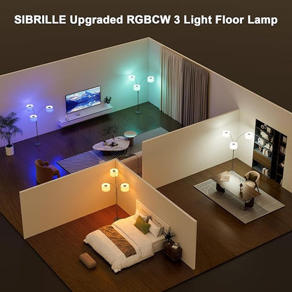 SIBRILLE 36W RGB Arc Floor Lamp with 3 Fabric Shades, 3000LM Super Bright Standing Lamp with Remote Control & Touch, Stepless Dimming, Individual Light Control for Living Room, Bedroom