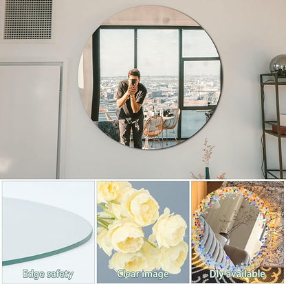 Round Glass Mirror, Suitable for bedrooms, Living Rooms, Dressing Tables, entryways, Above Sinks,Gyms, etc, 20-inch Glass Mirror Block (1 piece),high-Definition wall Mirror, Adhesive Mirror.