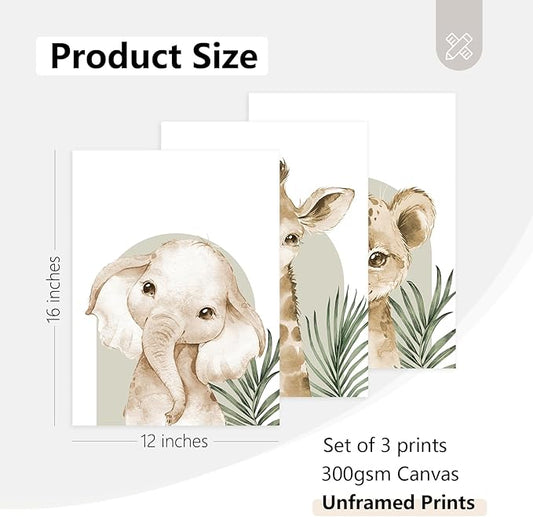 Tocliky Nursery Animal Wall Art Decor Safari Jungle Nursery Pictures Baby Boy Room Canvas Wall Decor Woodland Animals Prints Safari Giraffe Artwork for Boys Kids Bedroom 12x16 Inch Unframed Set of 3