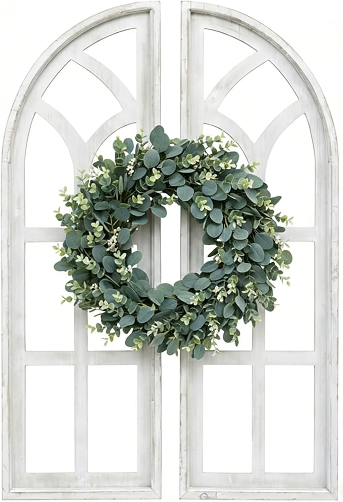 SwallowLiving Set of 2 Cathedral Arch Window Frame Wall Decor - 36" Large Rustic Farmhouse Wood Wall Art - Distressed White Architectural Hanging for Living Room, Entryway & Mantel (NO WREATH)