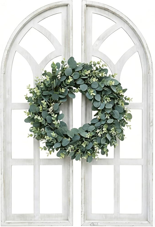 SwallowLiving Set of 2 Cathedral Arch Window Frame Wall Decor - 36" Large Rustic Farmhouse Wood Wall Art - Distressed White Architectural Hanging for Living Room, Entryway & Mantel (NO WREATH)