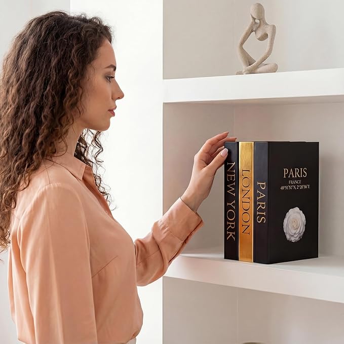 Decorative Books for Coffee Table Decor,3 PCS Stylish Fake Books of Room Decor Aesthetic,for Home Decor,Shelf,Entryway,Console Table,Fireplace Mantel Decor(Black and Gold Foil Stamping)