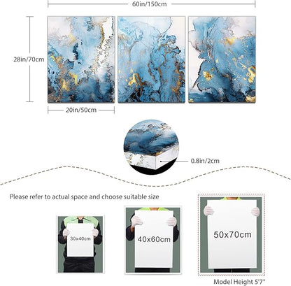 SERIMINO Blue Abstract Canvas Wall Art for Living Room, Navy and Gold Fluid Marble Wall Decor for Bedroom, Bathroom, Office, Home Decor, Set of 3 Print Painting, 20"X28"