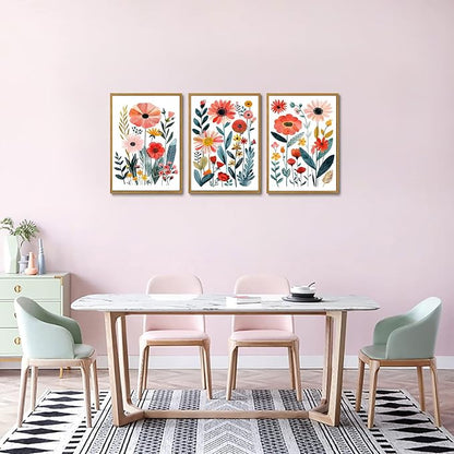 KISSFOX Colorful Wildflower Canvas Wall Art Set Of 3 Flowers Pictures Prints Flowers Printing Floral Watercolors Flower wall Decor Living Room Girls Bedroom Bathroom (Blue Orange, 12"x16" Natural Framed, Framed)