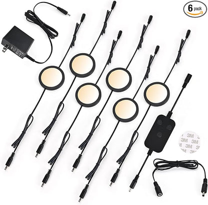 6pack LED Puck Light Kit, 2700-6000K Smart Round Under Cabinet Lighting with APP Control, Compatible with Alexa, Google Assistant, for Under Counter, Kitchen (Black)