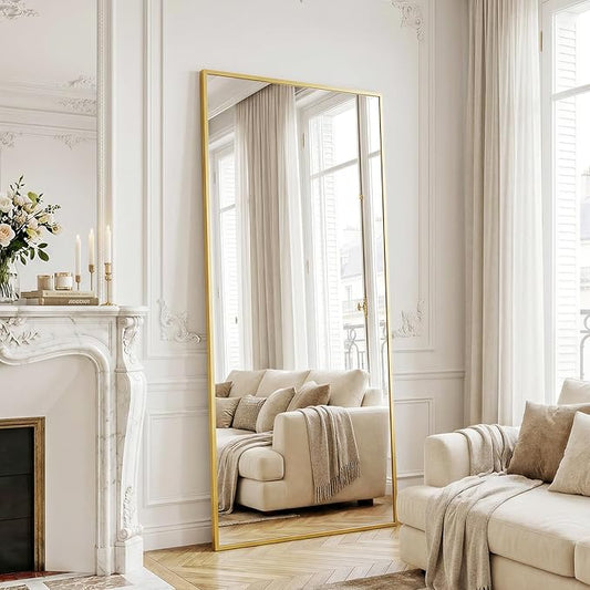 Gold Mirror Full Length, 65"x24" Floor Mirror with Stand, Full Body Mirrors for Bedroom, Hanging Mounted for Living Room Cloakroom, Shatterproof Tempered Glass Floor Mirror