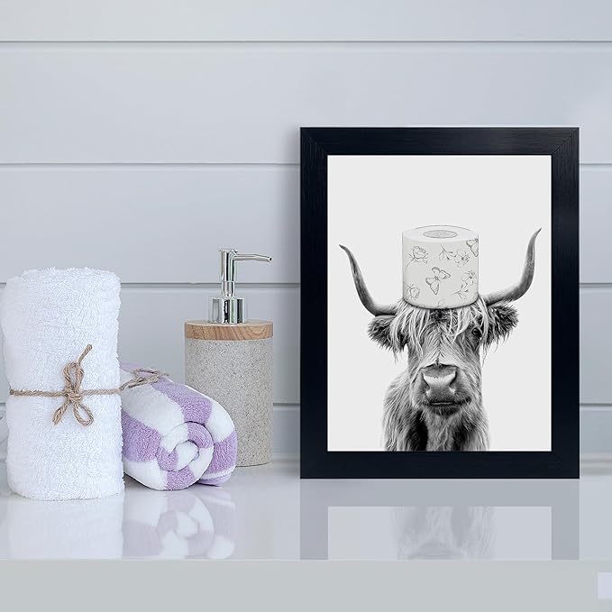 Toilet Paper On Head,Black Framed Funny Animal Prints, Vintage Black and White Rustic Style Cute Bathroom Cow Canvas Art Poster for Bathroom Restroom Decoration, Farmhouse Wall Decor