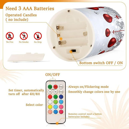 Christmas Lights Decorations Flameless Candles New Year Fir Branches Red Christmas Balls Pillar Candles Set of 2 Battery Operated Remote Control Warm Lights