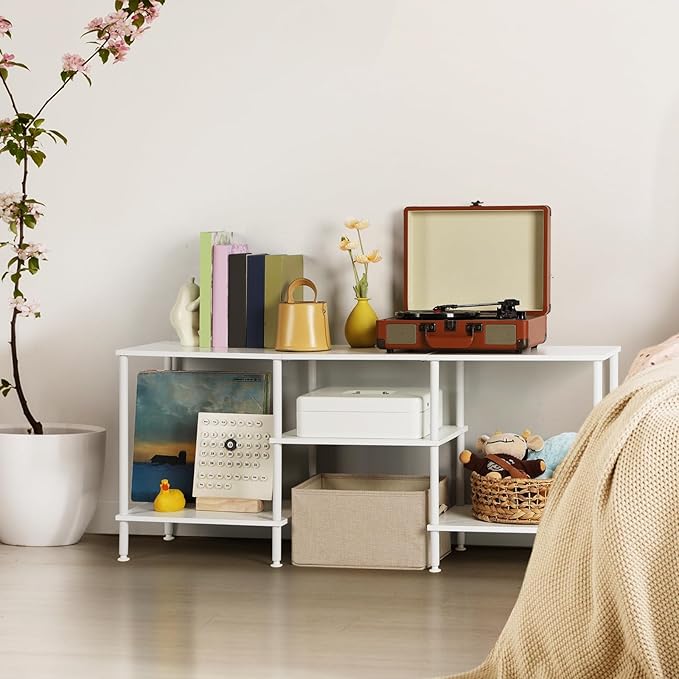White TV Stand Bedroom with Power Outlets, Small Entertainment Center Stand with Open Storage Shelves for TVs up to 50 Inch, Wood TV Media Console Table with for Living Room, Bedroom