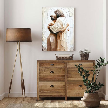 KADEYEE Jesus Embracing Woman Canvas Wall Art Woman Lying Safely In The Arms Of Jesus Wall Decor Religious Christian Prints Poster Pictures Home Decor for Bedroom Living & Prayer Room 12x16 inch