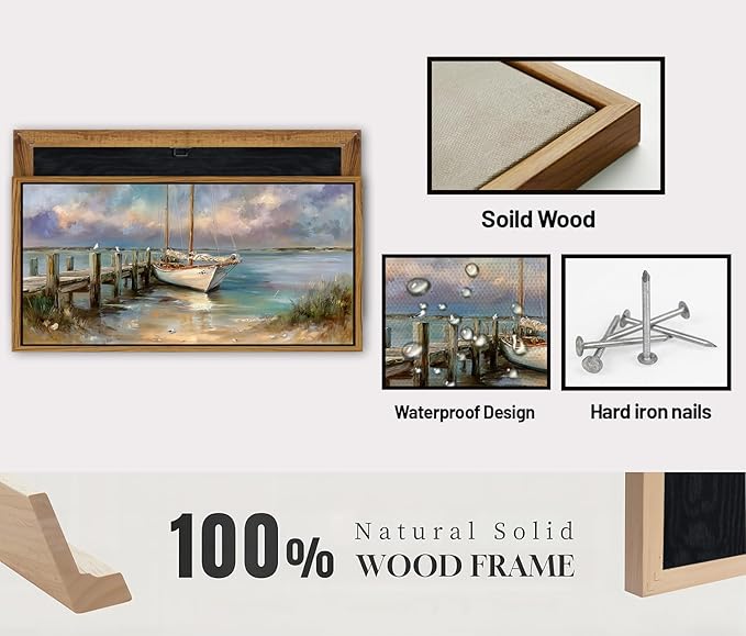 Vintage White Boat Wall Art Framed Coastal Wall Decor Bathroom Bridge Dock Decorations Vintage Ocean Beach Landscape Picture Canvas Prints Seascape Seagull Poster Artwork Living Room Decoration 24x48