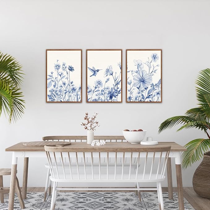 HLNIUC Chinoiserie Floral Wall art,Blue Flower Bird Wall Art,Minimalist Botaincal Artwork,Navy Blue Flower Framed Decor,Neutral Plants Painting,Daisy Prints for Livingroom,Bedroom,Office 16x24x3