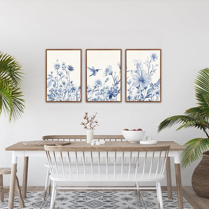 HLNIUC Chinoiserie Floral Wall art,Blue Flower Bird Wall Art,Minimalist Botaincal Artwork,Navy Blue Flower Framed Decor,Neutral Plants Painting,Daisy Prints for Livingroom,Bedroom,Office 16x24x3