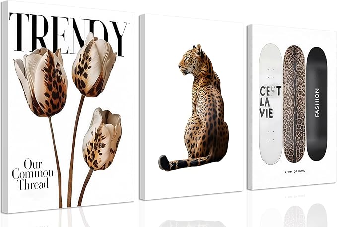 Trendy Leopard Canvas Wall Art Set of 3 Cheetah Printed Preppy Fashion Skateboard Wall Decor Preppy Room Aesthetic posters Prints for Girls Bedroom Apartment Dorm 12x16in Framed Decoration