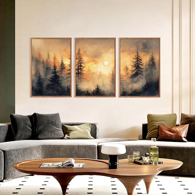 HLNIUC Nature Forest Sunset Framed Canvas Wall Art,Large Landscape Misty Forest Wall Decor,Orange Mountain Foggy Pine Artwork Set of 3 (24x36),Watercolor Sunrise Prints for Living Room,Bedroom,Office