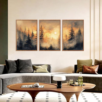 HLNIUC Nature Forest Sunset Framed Canvas Wall Art,Large Landscape Misty Forest Wall Decor,Orange Mountain Foggy Pine Artwork Set of 3 (24x36),Watercolor Sunrise Prints for Living Room,Bedroom,Office