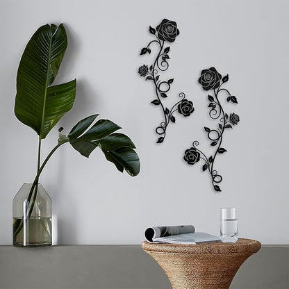 Pinetree Art 2 Pieces Metal Flower Wall Art Modern Vintage Rose Floral Branch Wall Decor for Living Room Hallway Bathroom (Black)