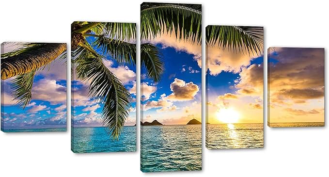 Beach Wall Art Modern Seascape Wall Pictures Sunrise Poster Ocean Artwork Ocean Pictures HD Print on Canvas Modern Home Office Decor for Living Room Bedroom Bathroom Wall Decoration Framed Ready to Hang - 60''W x 32''H