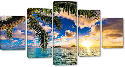 Beach Wall Art Modern Seascape Wall Pictures Sunrise Poster Ocean Artwork Ocean Pictures HD Print on Canvas Modern Home Office Decor for Living Room Bedroom Bathroom Wall Decoration Framed Ready to Hang - 60''W x 32''H