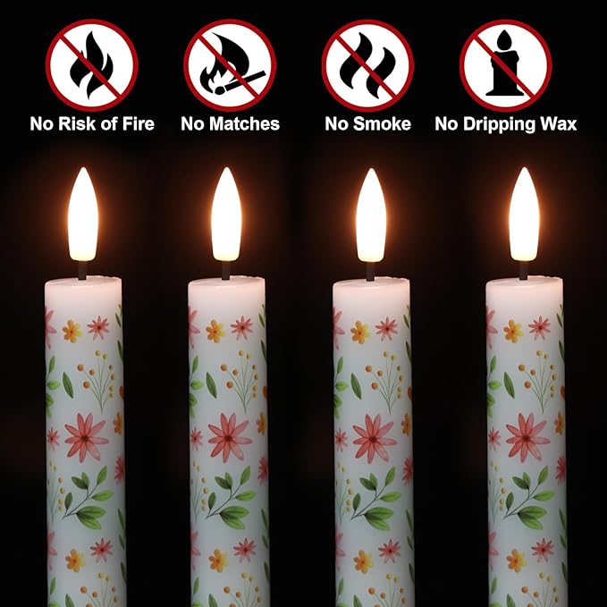 Flickering Flameless Taper Candles with Remote and Timer, 4 Pack Real Wax Battery Operated LED Taper Candles 3D Wick Yellow Flower Decal Dinner Wedding Spring Home Decor(0.75" D x 9.65" H)