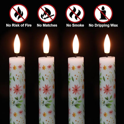 Flickering Flameless Taper Candles with Remote and Timer, 4 Pack Real Wax Battery Operated LED Taper Candles 3D Wick Yellow Flower Decal Dinner Wedding Spring Home Decor(0.75" D x 9.65" H)