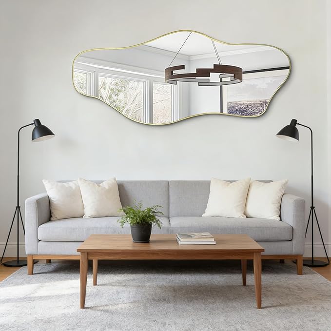 Irregular Wall Mirror, 60"x24" Large Asymmetrical Tempered Glass Mirror, Gold Modern Organic Frameless Mirrors for Living Room Bedroom Hallway Entryway, Horizontal or Vertical Hanging
