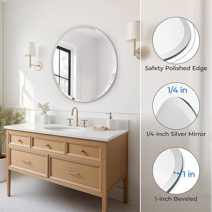 USHOWER Frameless Round Bathroom Mirror 24", Circle Vanity Mirror for Wall Decor, with Beveled Edge, for Bathroom, Living Room, Entryway, Modern & Elegant Look