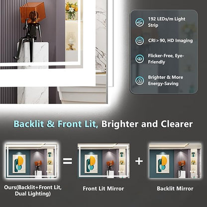 48x36 LED Bathroom Mirror with Lights, Backlit and Front Lit Anti-Fog Lighted Vanity Mirrors for Bathroom Wall, Dimmable, 3-Color Light, Memory, Shatter-Proof, HD Tempered Glass, CRI＞90