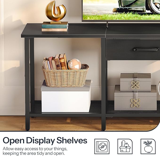 HOOBRO TV Stand for TVs up to 55 Inch, Entertainment Center with Fabric Drawer & Open Shelves, Industrial TV Media Console Table with Storage, for Living Room, Bedroom, Black BB125DS01