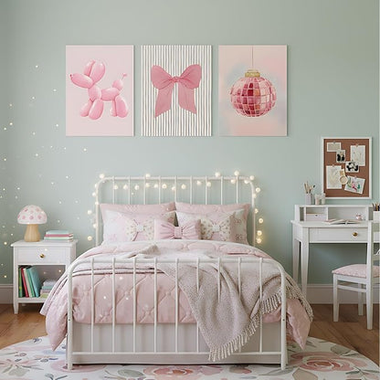 Yxjyzzkx Pink Cute Wall Art Set of 3 – Aesthetic Canvas Prints for Girls Room, Nursery & Kids Bedroom, Pink Bow Balloon Dog Chandelier Artwork, Modern Kawaii Wall Decor