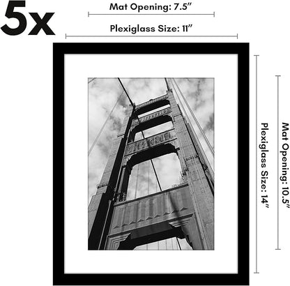 Americanflat 11x14 Picture Frame with Polished Plexiglass - Set of 5 - Use as 8x11 Frame with Mat or Display 11x14 Photo Without Mat - Galleria Collection - Picture Frames for Wall Display - Black