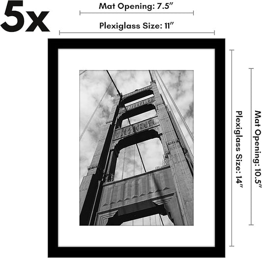 Americanflat 11x14 Picture Frame with Polished Plexiglass - Set of 5 - Use as 8x11 Frame with Mat or Display 11x14 Photo Without Mat - Galleria Collection - Picture Frames for Wall Display - Black