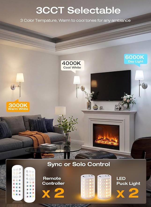 CLOUDY BAY 10000mAh Battery Operated Wall Sconces,Up to 100 Hours with Rechargeable RGB Dimmable Magnetic Bulb,Cordless Wall Lighting Fixtures with Remote for Bedroom,Brushed Nickel,2 Pack-18.6inch
