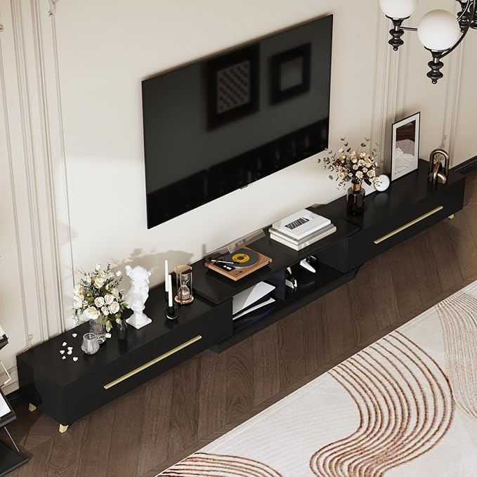 Modern TV Console Extendable Media Console, Adjustable Length, Contemporary Entertainment Center with Drawers and Legs, for Living Room Black and Gold (95”-133.9”W x 15.2”D x 13.1”H)