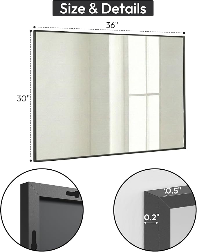 30" x 36" Matte Black Bathroom Mirror, 36x30 Metal Framed Wall Decor, Large Rectangular Accent Mirror for Mantel & Vanity, Minimalist Design