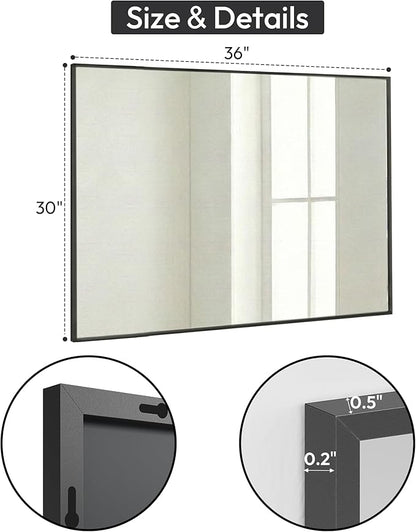 30" x 36" Matte Black Bathroom Mirror, 36x30 Metal Framed Wall Decor, Large Rectangular Accent Mirror for Mantel & Vanity, Minimalist Design