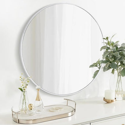 CULER Round White Bathroom 30 Inch Mirror,Circle Wall Modern Mirror for Bedroom,Hanging Vanity Tempered Glass Mirrors for Entryway or Living Room