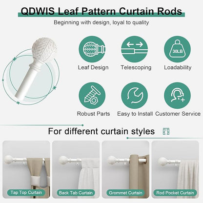 QDWIS White Curtain Rods for Windows 28 to 48 Inch,1'' Diameter Drapery Rods with Leaf Pattern Finials,Boho Adjustable Heavy Duty Curtain Rods Set,18-60'',Antique White
