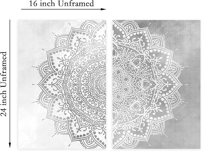 Pennclys Gray Mandala Wall Art Mandala Canvas Wall Decor Abstract Flower Yoga Wall Art Boho Mandala Picture Yoga Lotus Painting Artwork for Living Room Bedroom Decor 16x24x2 Inch Unframed